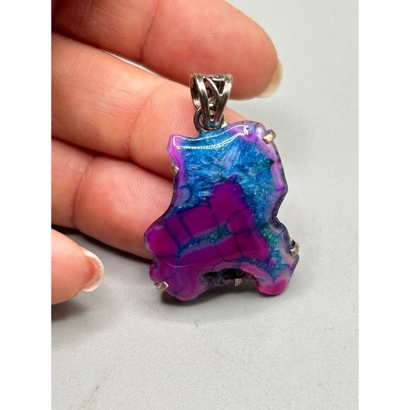 Rainbow Quartz Blue Purple Stone Pendant with Sterling Silver 925 Setting - Picture 2 of 5
